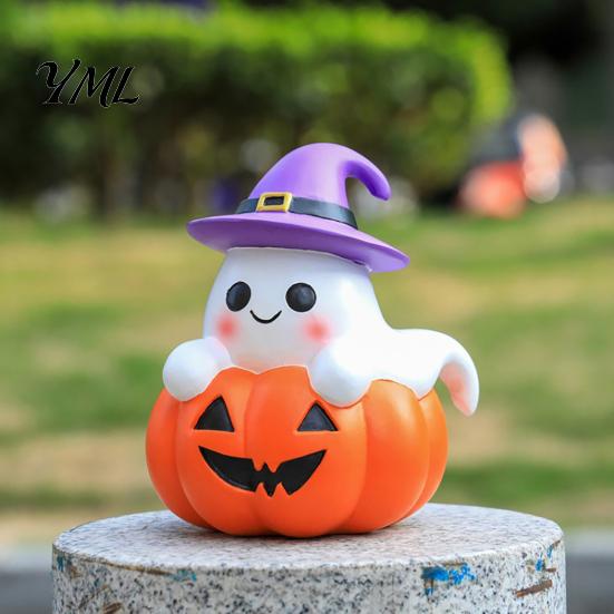 Autumn Seasonal Decorations Halloween Ghost Figurine, Cute Spooky on Pumpkin Decoration, Resin Small Festive Crafts Tabletop Ornament with Witch