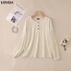 VONDA Autumn Women Casual Long Sleeve Loose Fit Velvet Henley Blouse Pullover Tops