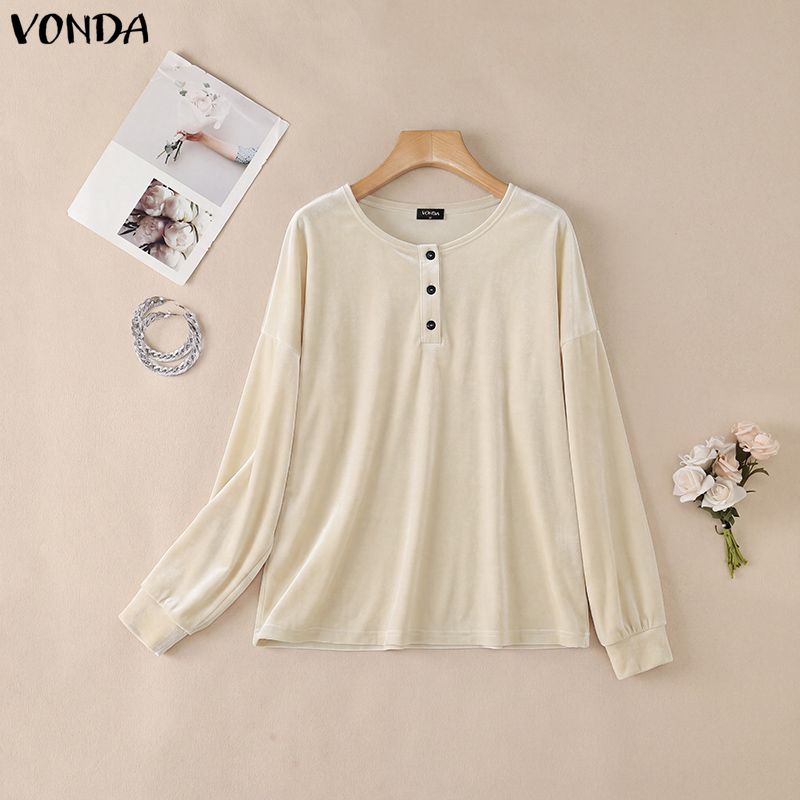 VONDA Autumn Women Casual Long Sleeve Loose Fit Velvet Henley Blouse Pullover Tops
