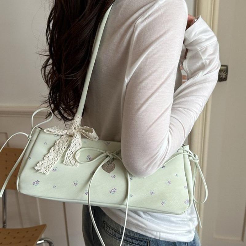 Niche sweet floral baguette bag women's  new trendy fashion girl style bow underarm bag shoulder bag