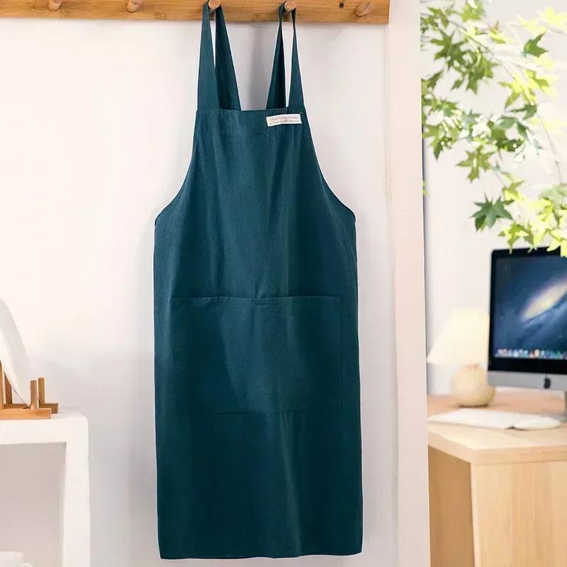 Women Simple Apron Denim Apron Cotton and Linen Solid Color Blouse Kitchen Florist Coffee Shop Apron