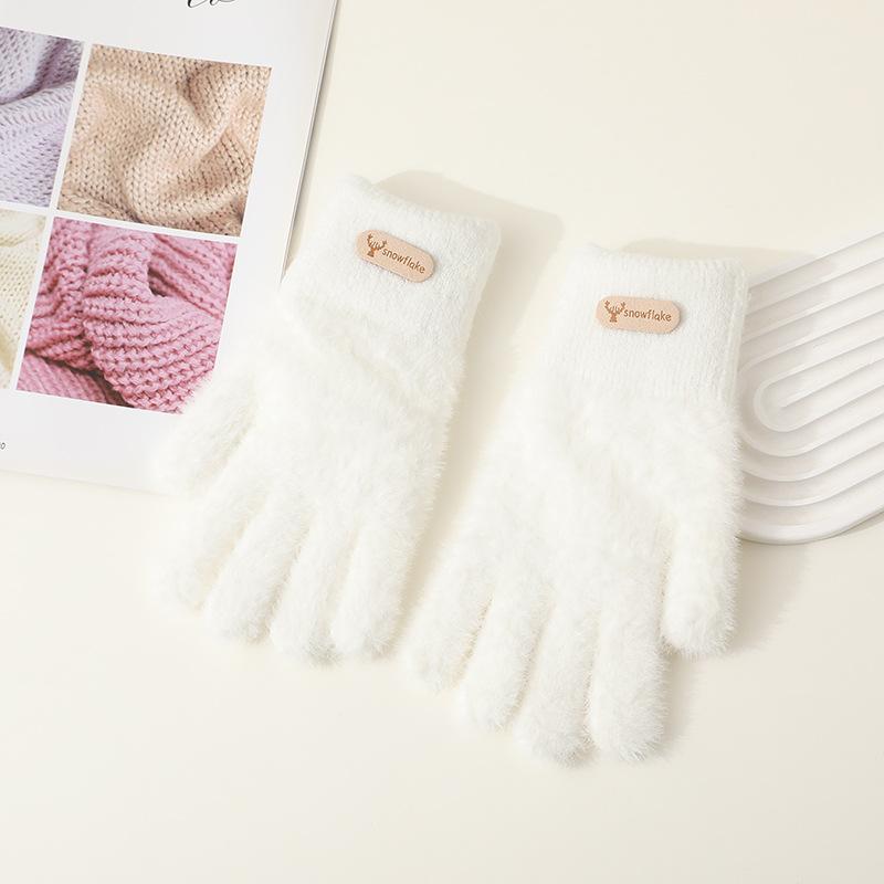 Hairy gloves female winter cute color matching plush knitted wool five fingers plush thickened cycling warm