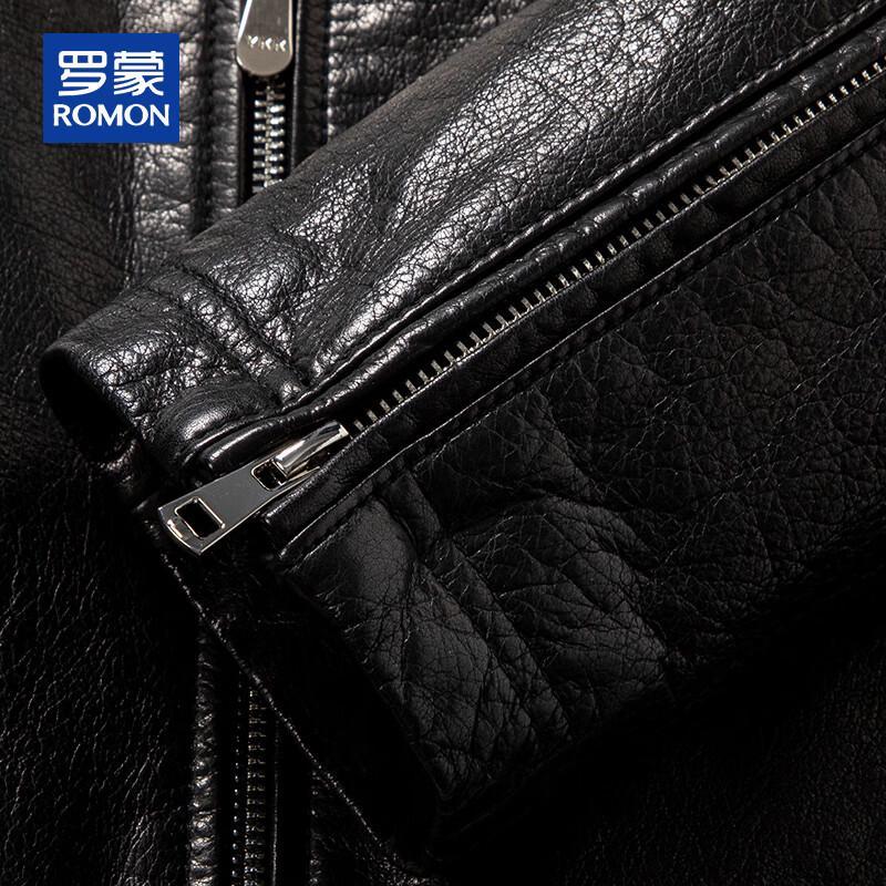 ROMON Men's Genuine Leather Stand-Collar Jacket