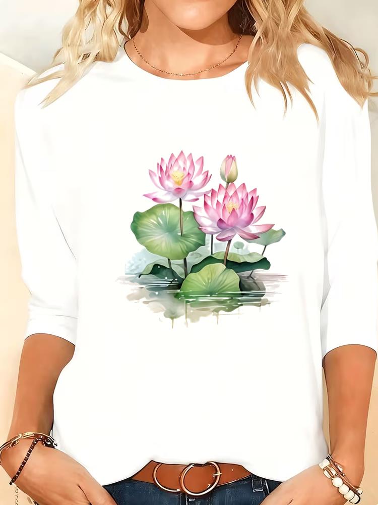 

(Asian Size) Lady Printed o-neck Women T Shirt Tee Female Clothing sweet feather trend 90s Casual Fashion Top Long Sleeve Graphic T-shirts S