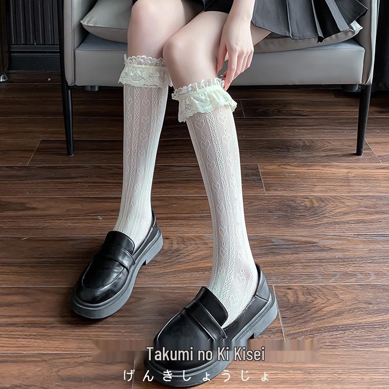 Women's Japanese JK Black & White Lace Slimming Mid-Calf Stockings - Summer/Spring/Autumn