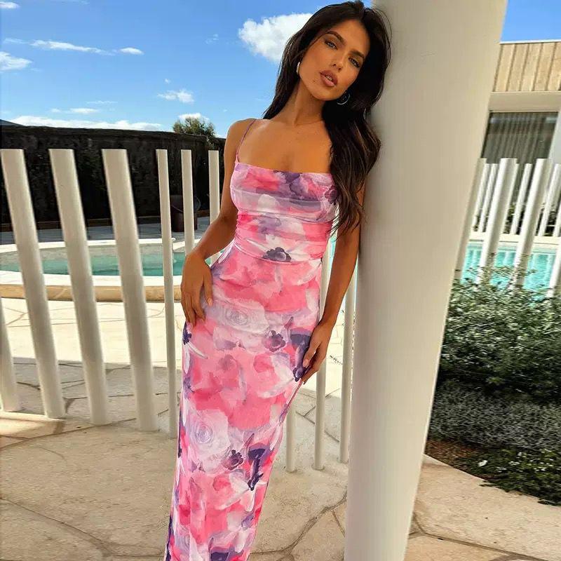 Dress Summer 2025 New Arrival Temperament Waist-Controlled Bodycon Dress Fashion Wind Print Pockets Collar Sling Dress Long