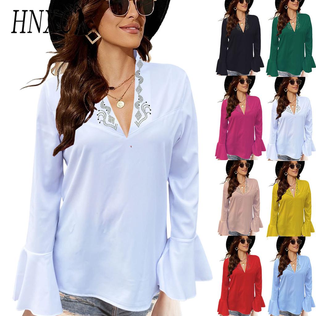 HNXC Women's Autumn Collection: Low-cut, Rhinestone, High-neck, Solid-color Lotus Leaf Long-sleeved Shirt for Women