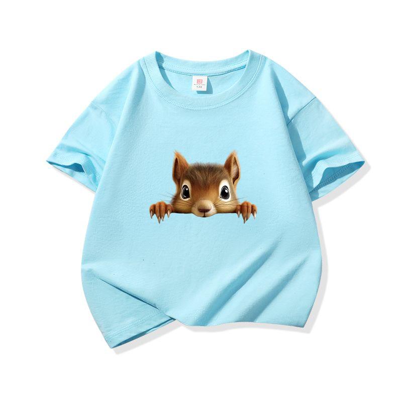 Kids Cotton T Shirt Cute Peeking Squirrel Print Crew Neck Short Sleeve Tee Casual Breathable Boys Girls Summer Tops