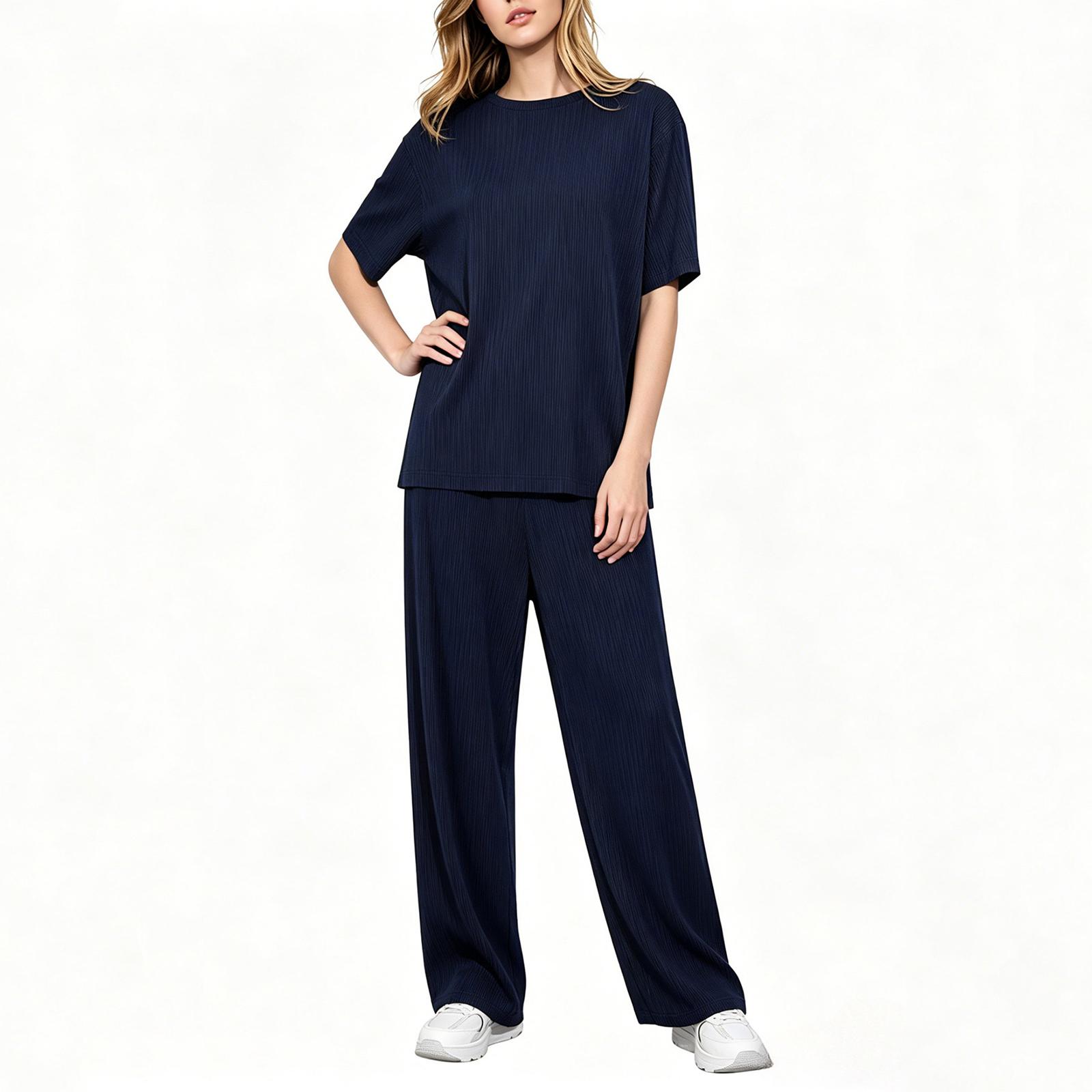 

Women s Casual Round Neck Pullover Short Sleeve Top with Drawstring Waist Long Pants Lounge Set for Everyday Wear S Темно-синій