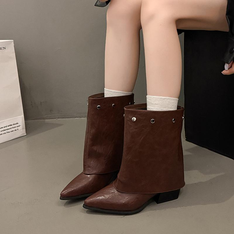 Black Mermaid Ankle  Retro Round Head Small Design Sense Long Tube  Rivet Knight Boots Over Knee High Boots