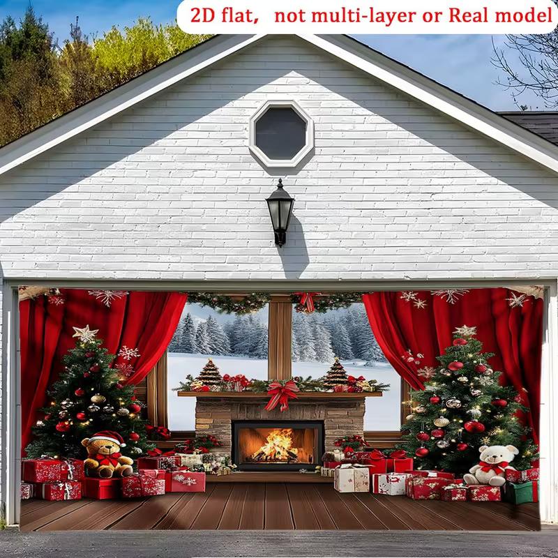 

2D Flat Winter Christmas Garage Banner, Cozy Fireplace & Snowy Window Party Background 47.2x31.5inch/120*80cm