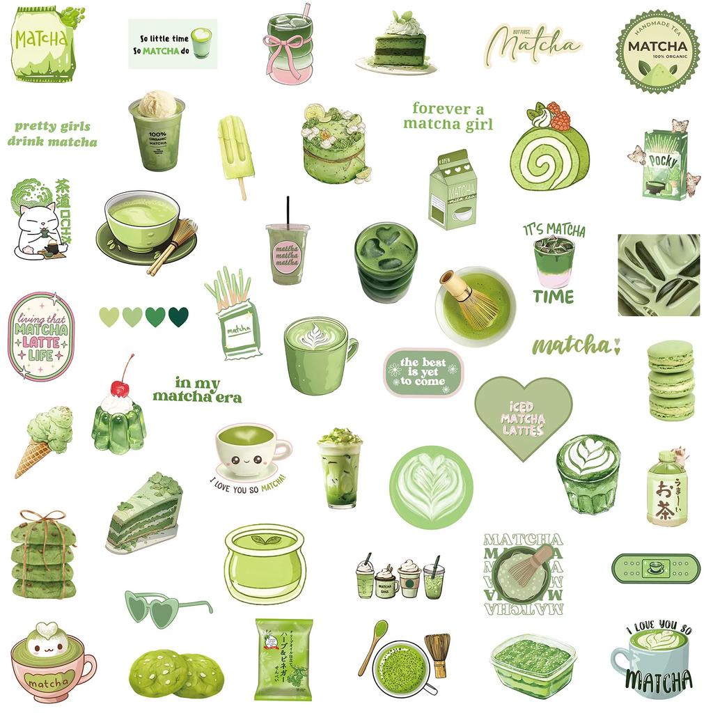 50Pcs Green Ins Style Matcha Dessert Cartoon Cute Fun Doodle Stickers Diy Water Cup Guitar Waterproof Decal Children'S Toy Gifts