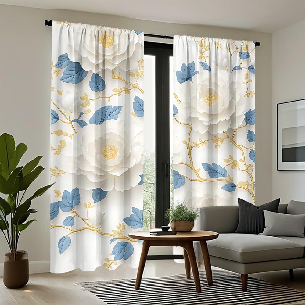 2PCS Digital Printed Curtains, White Flowers Blue Leaves Botanical Contrast, Window Drapes for Living Room Bedroom Home Decor