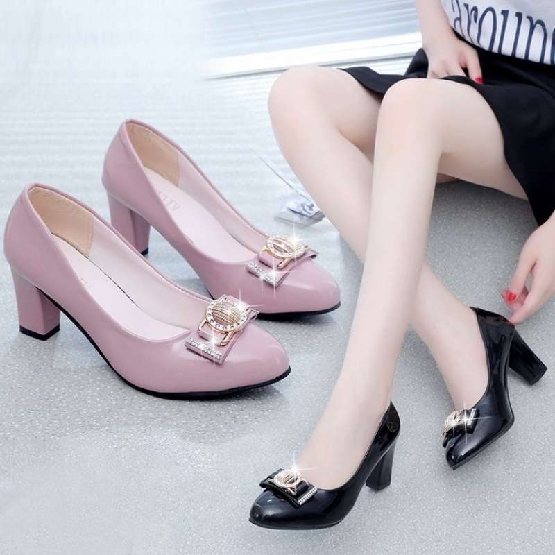 Single Shoes Women's Versatile Work High Heels Spring and Autumn Thick Heel Middle Heel Bow Patent Leather Nude Women's Rhinestone Single Leather Shoe