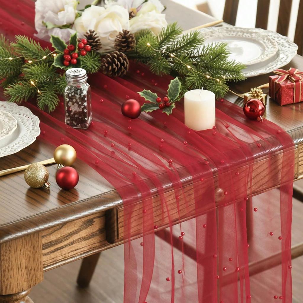 Luxurious Pearl Tulle Table Runner, 120 Inches Seasonal Tulle Table Decoration Suitable For Holidays Weddings  Birthdays  Family Gatherings.