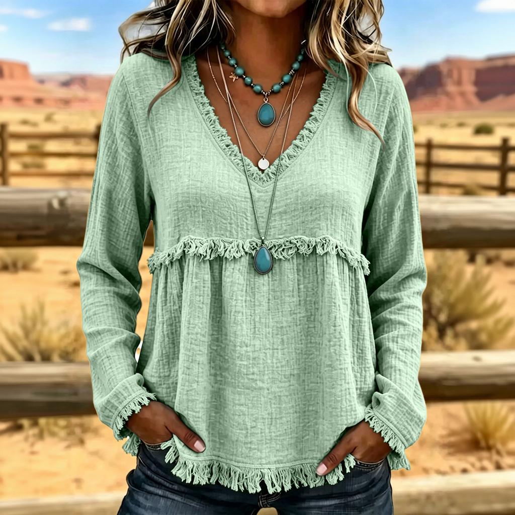 Women's V-Neck Long Sleeve Cotton Linen Casual Color Top