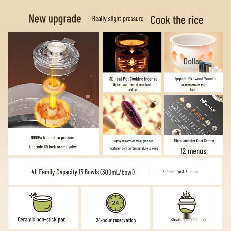 Bear 4L Smart Micro-Pressure Rice Cooker with Ceramic Pot CN plug (adapter included)
