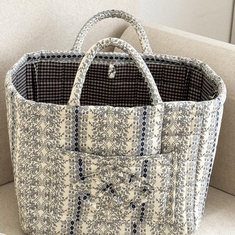 Floral Pattern Quilted Cotton Storage Basket Foldable Lightweight with Handles for Home Laundry Toy Organization
