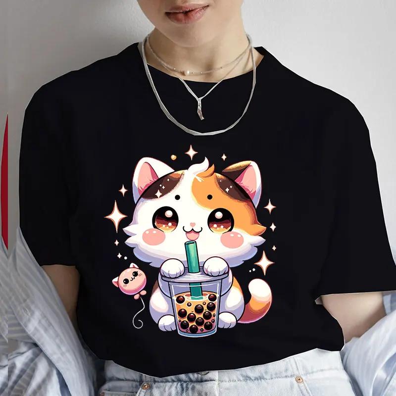 Unisexs Tshirt Casual Kawaii Boba Milk Tea Print Tshirt Bubble Tea Cartoon Unisexs Tee Clothing Cute Cat Anime Tee Shirts Tops