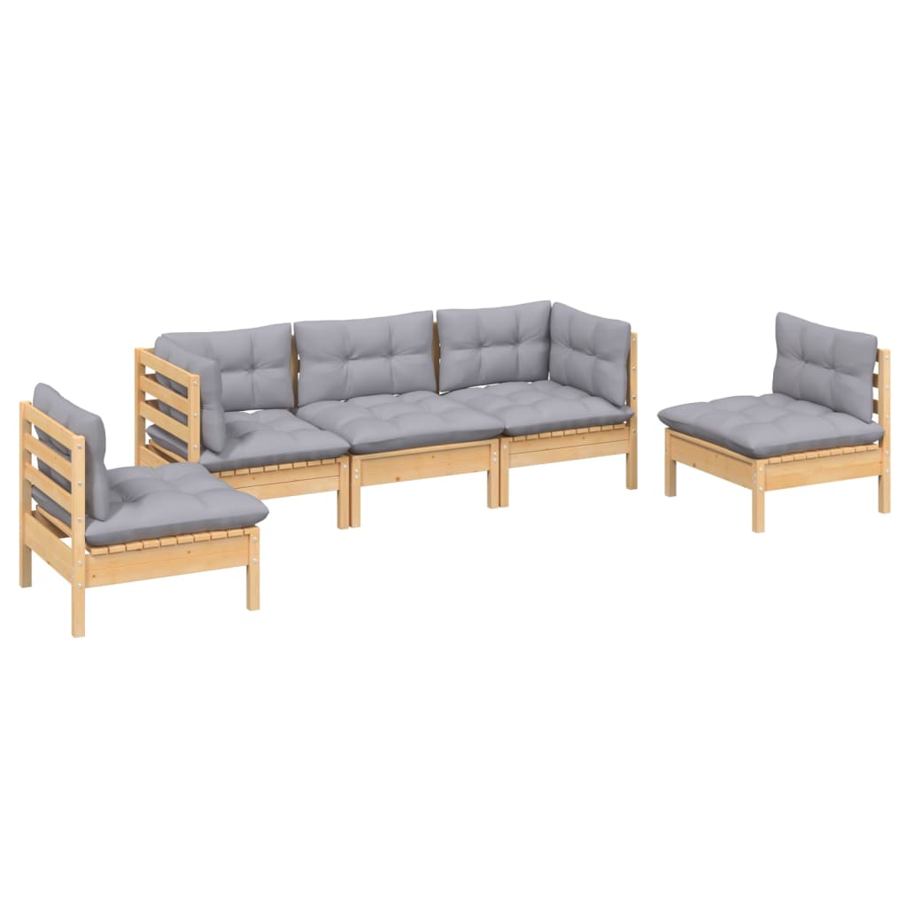 Vidaxl 5-Cz. Garden Lounge Set, Grey Cushions, Pine