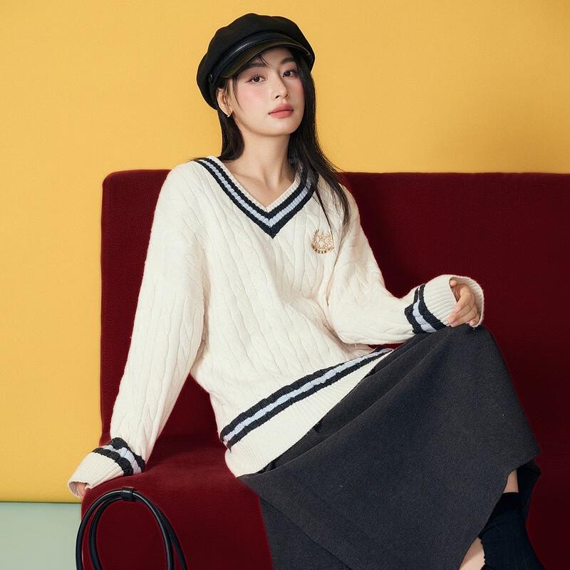 Basic House Women's Embroidered V-Neck Pullover Sweater