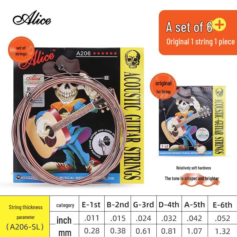 Corde per Chitarra Acustica Alice Folk - Set Completo da 6 (Corde 1ª, 2ª, 3ª come Singole)