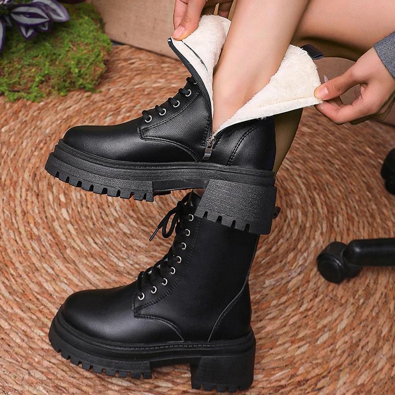Fashion Women's Winter Warm Short Plush Ankle Boots Comfy Pu Leather High Heels Botas Mujer Fashion Lace Up Zip Platform Modern Boots