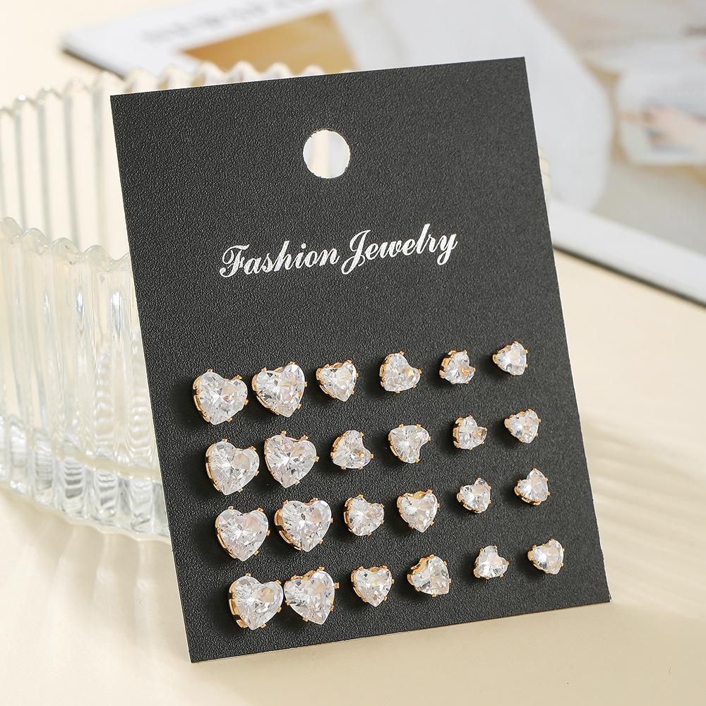 European and American popular love geometric stud earrings set trendy temperament zircon claw triangular earrings