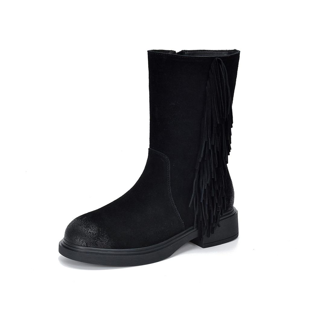 Johnature Retro Tassel Mid Heeled Women's Boots Genuine Leather Round Toe Versatile Mid-calf Boots
