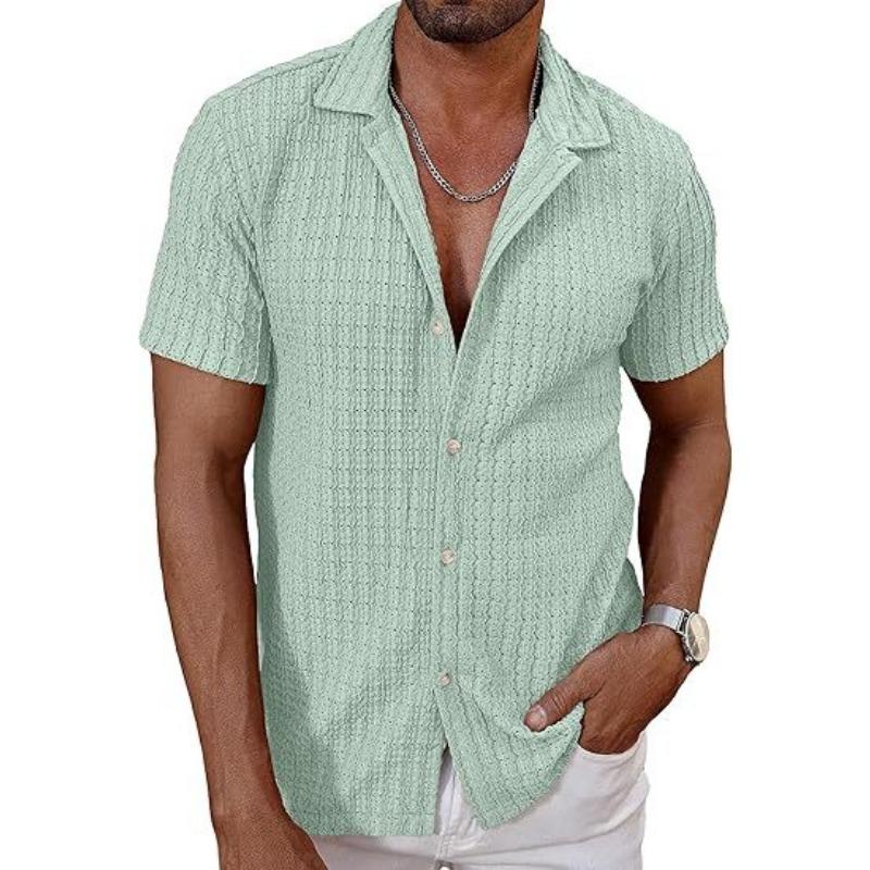 Mens Casual Textured Short Sleeve Cuban Collar Button Up Shirt