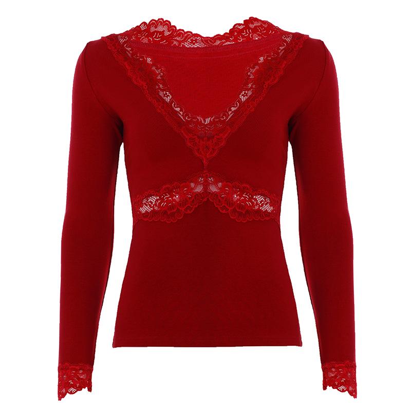 French Lace Patchwork See-through Deep V-neck Waist-cinching Long-sleeve Winter Top Small