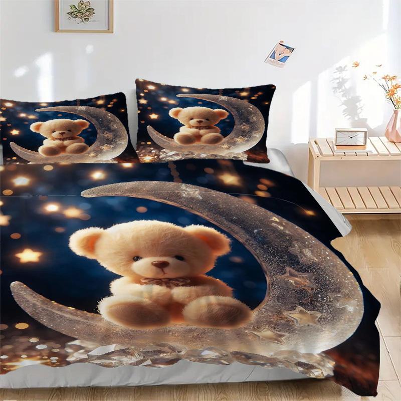 3pcs Christmas Festival Gift - Cute Teddy Bear Moon Bedding Set with One Quilt Cover and Two Pillowcases (No Core) - Home Decor, Anime Carto