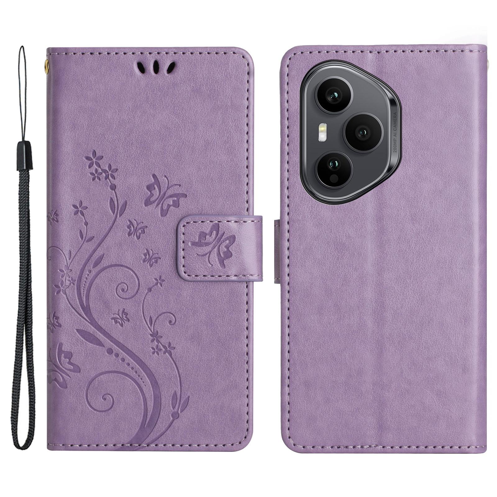 

For Honor 400 Pro 5G (Global) Leather Wallet Case Butterfly Flower Imprinted Phone Cover with Strap Light Purple