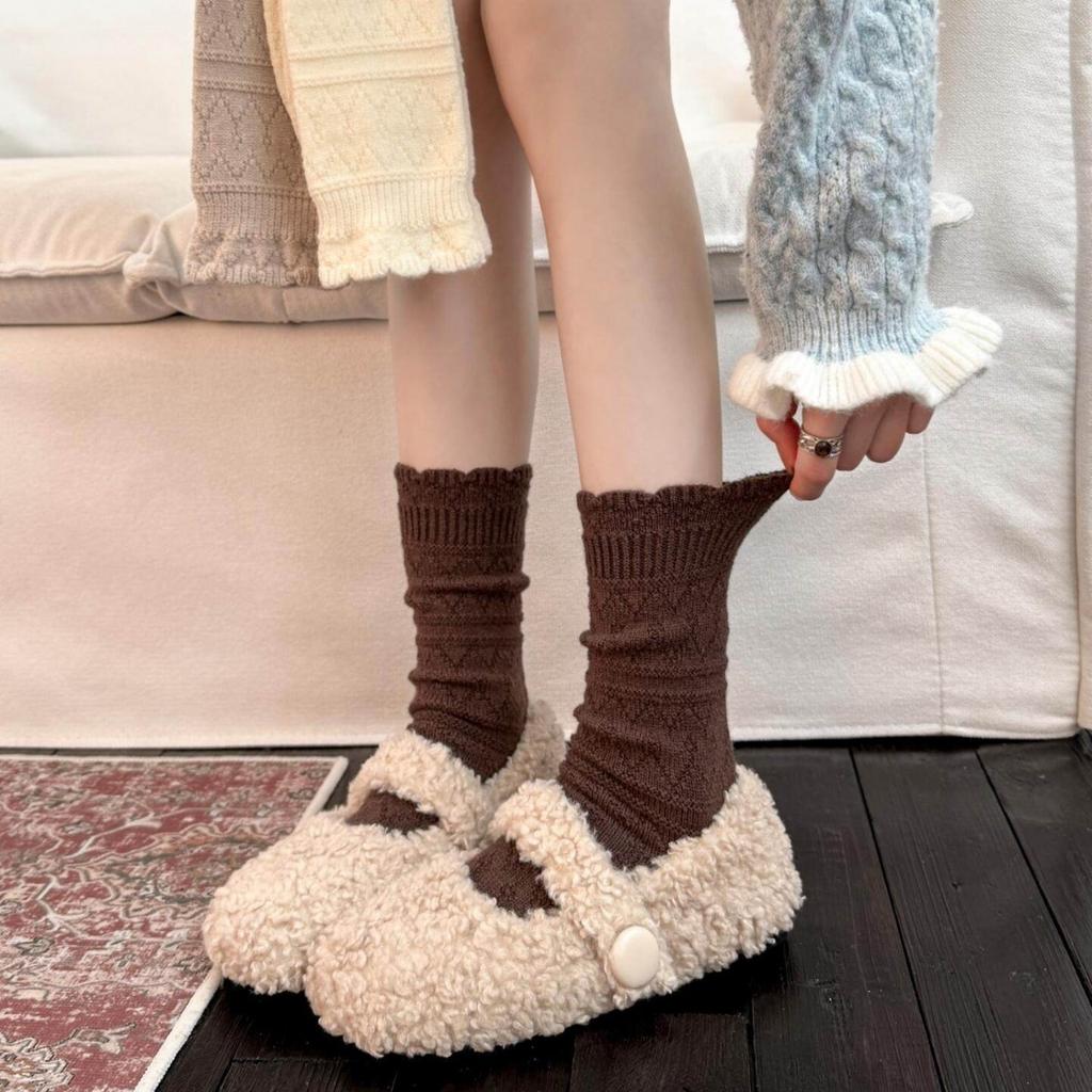 Rhombus Lace Autumn And Winter Stacking Socks Children'S Knitted Warm Medium Tube Calf Socks Basic Solid Color Boneless Soft Waxy Cotton Socks