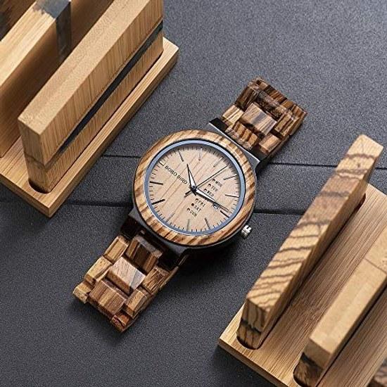 BOBO BIRD Mens Wooden Watch Analog Quartz Date Week Display Lightweight (Brown)