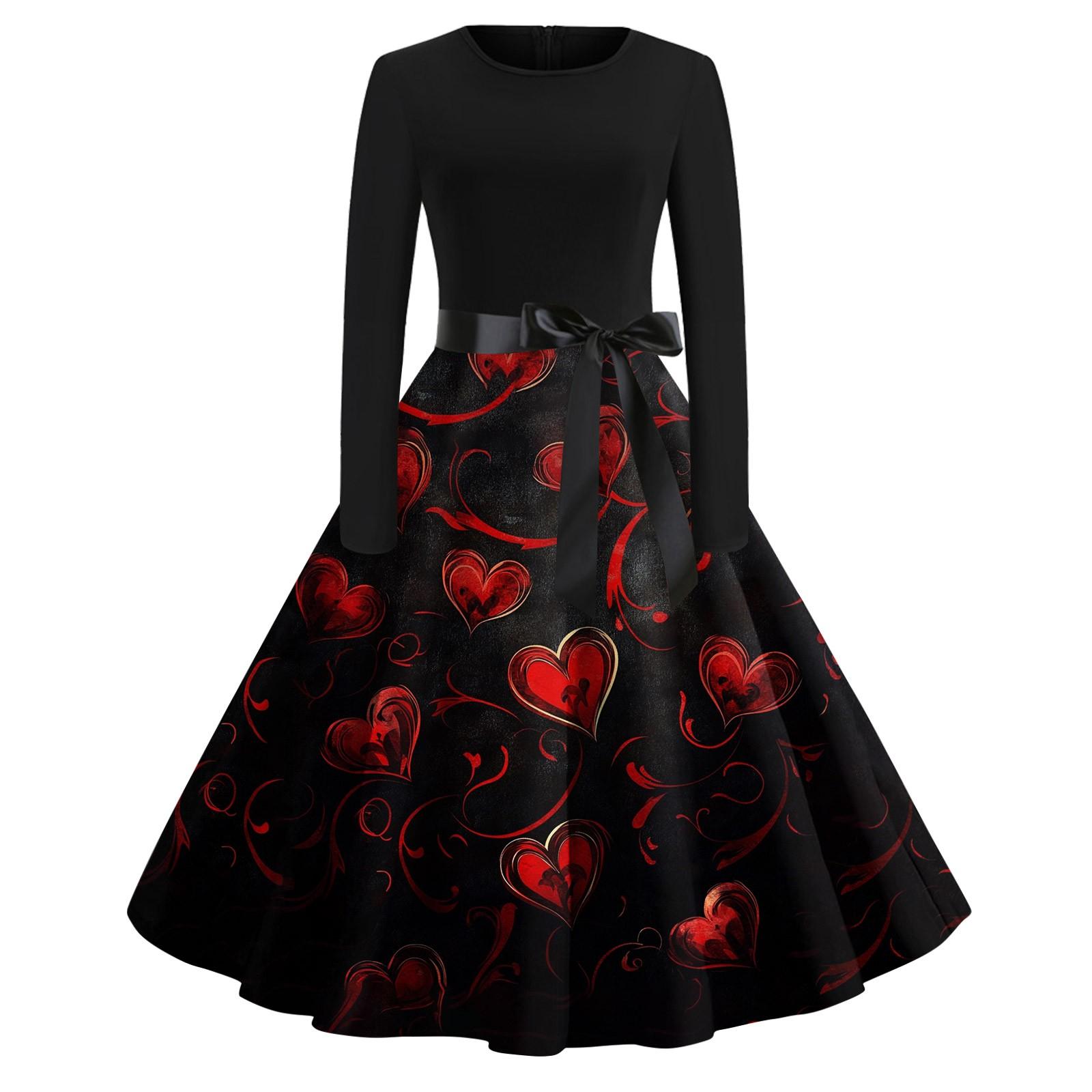 

Women s Printed Round Neck Big Hem Skirt Pleated Skirt Long Sleeved Dress Dress XL винний