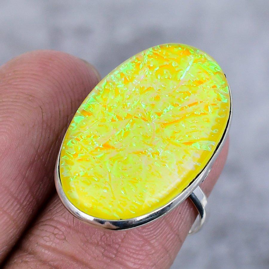 Gelber Triplett-Opal Handgefertigt 925 Sterlingsilber Schmuck Ring Größe 7 F7c02