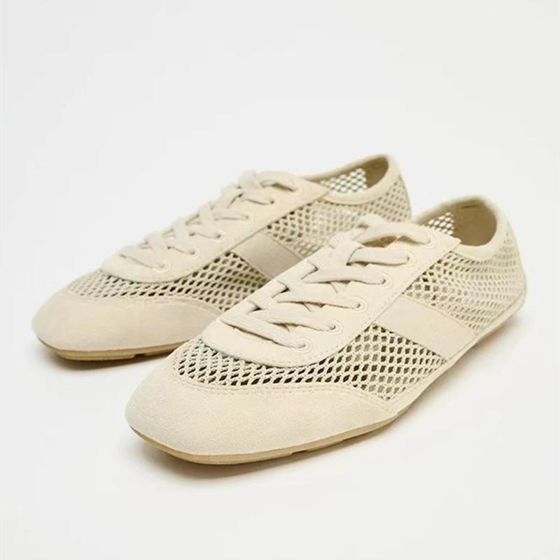 Fashion Mesh Breathable Lacing Flat Sneakers Women Lightweight Hollow Derby Sports Shoes Summer Autumn Running Shoes Cozy Ballet Flats