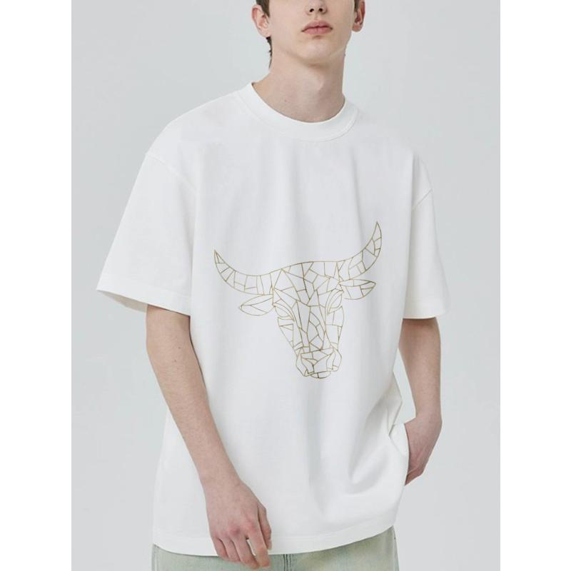 Geometric Bull Head Print T Shirt Black Unisex Casual Streetwear Top for Men and Women
