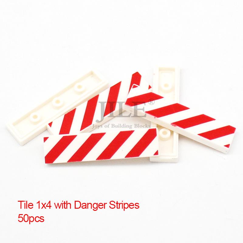 50pcs Moc Tile 1x4 1x3 Tablet with Wood Grain Danger Stripes Pattern DIY Building Blocks Bricks Compatible with 2431 63864