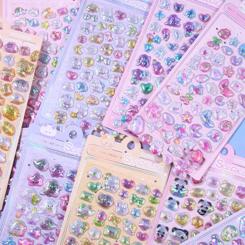 Cartoon 3D Relief Laser Stickers Fun Animals Rabbit Panda Stickers Children Diy Scrapbook Candy Drop Seal Stickers