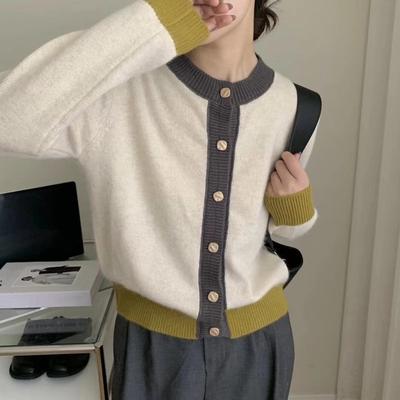 Autumn New Women Contrast Color Knitted Cardigan Long Sleeve Chic Sweaters Casual Simple Knitwear Coat