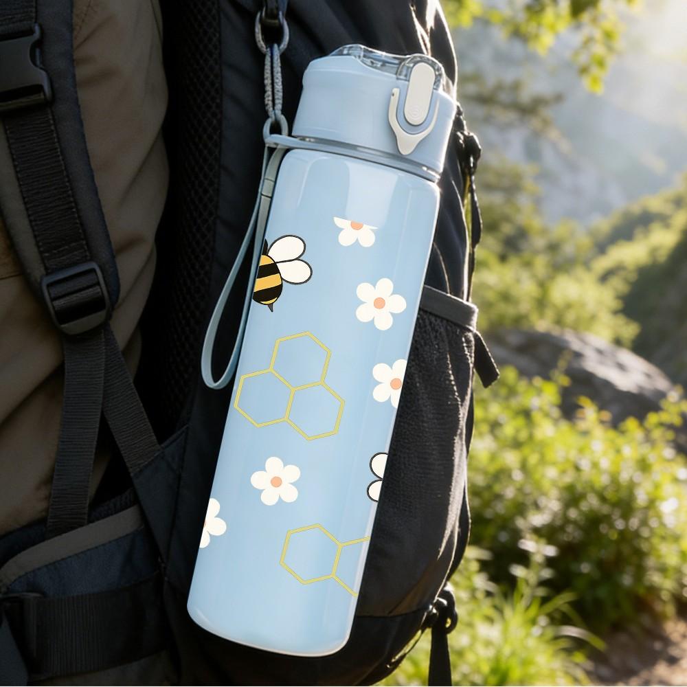 1PC Bee Honeycomb Repeat Pattern 750ml Color Plastic Sports Water Bottle Leakproof Flip Straw Lid Suitable for Sports Office Home Use
