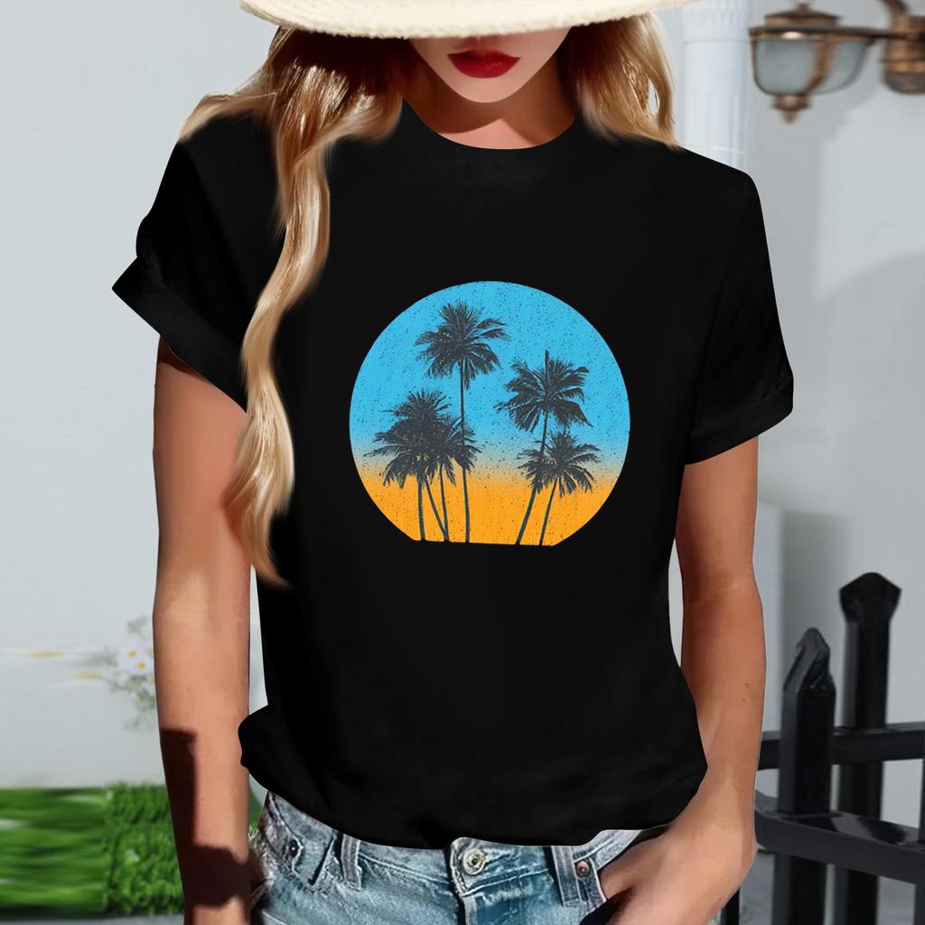 Women's Fashionable Round Neck Casual Retro Print Short Sleeved T-shirt Top