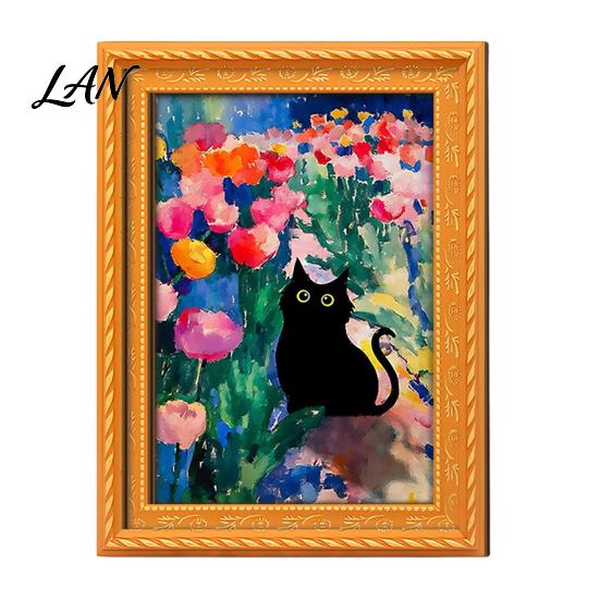 Decorative Fridge Magnets Oil Painting Cat Refrigerator Magnet, Wooden Frame Black Pattern Magnet Decor Theme Retro Rectangle Magnetic Decoration Home