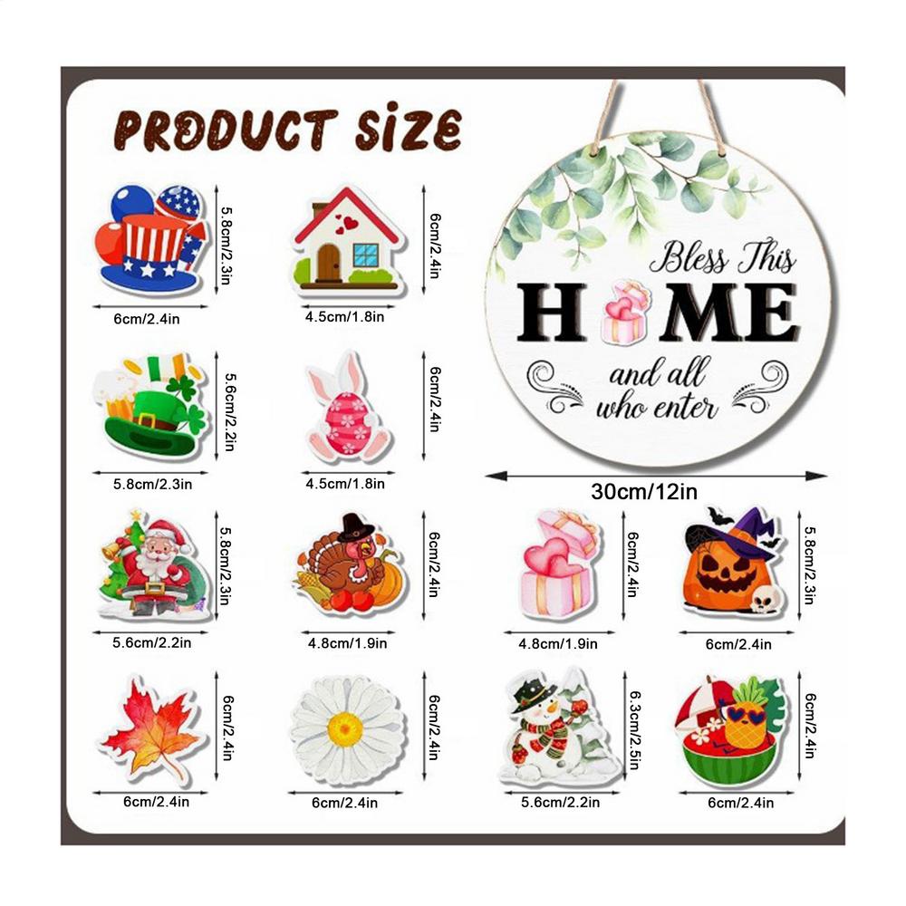 Interchangeable Welcome Sign Door Decoration Pendant 12 Inch Round Wooden Welcome Sign Flower Wreath For Front Porch