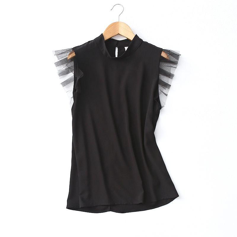 

Export Export Mesh Patchwork Fashion Minimalist Stand Collar Sleeveless Chiffon Shirt Split Niche Design Vest Black Eurocode-XL