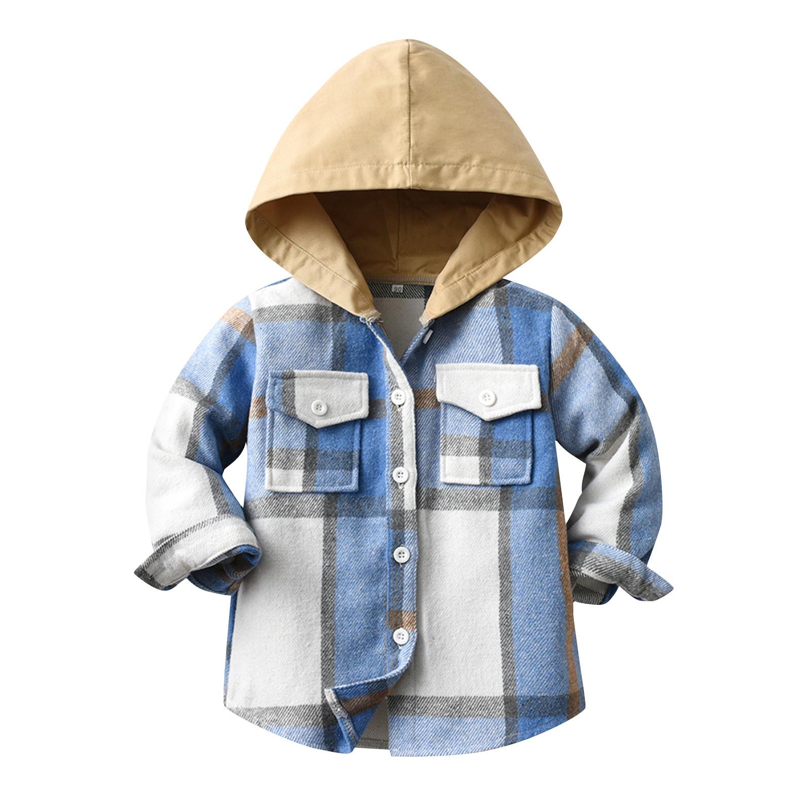 Kids Toddler Flannel Shirt Jacket Plaid Long Sleeve Lapel Button Down Shacket Baby Boys Girls Fall Shirt Coat Outwear Wiht Hooded