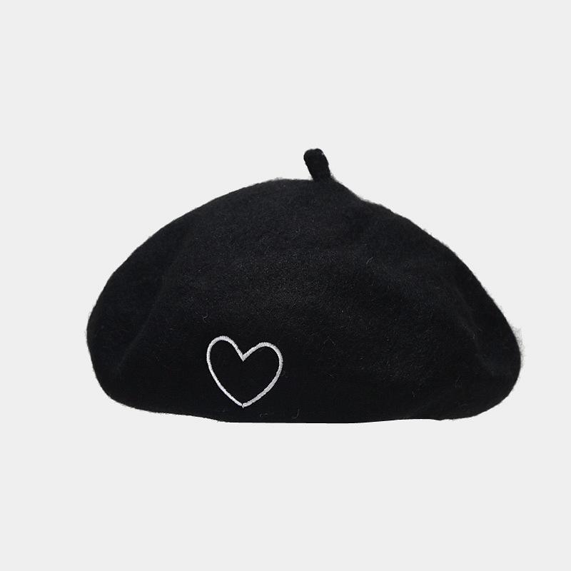 French Berets Woman Love Embroidered Wool Beret Cap Autumn Winter Hats For Girls Beanie Woolen Vintage Cap Black Painter Hat Female Felt Hat Berets