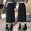 Black Wool Blend Women's High Waist A-Line Skirt - Autumn/Winter Korean Style Slimming Mid-Length with Slit and Elastic Waist